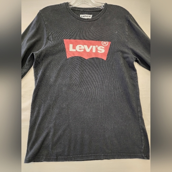 Levi's Men's Midnight Black Long Sleeve Shirt Brand In Red Logo Tee, sz MD - Picture 8 of 9